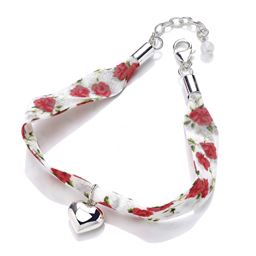 Sterling Silver and Ribbon Heart Bracelet Red and White